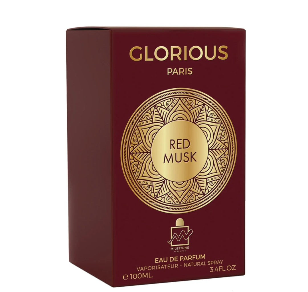 Glorious Paris Red Musk perfume packaging on a white background