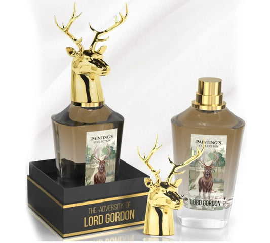Two bottles of 'The Adversity of Lord Gordon' with gold deer heads on a white background