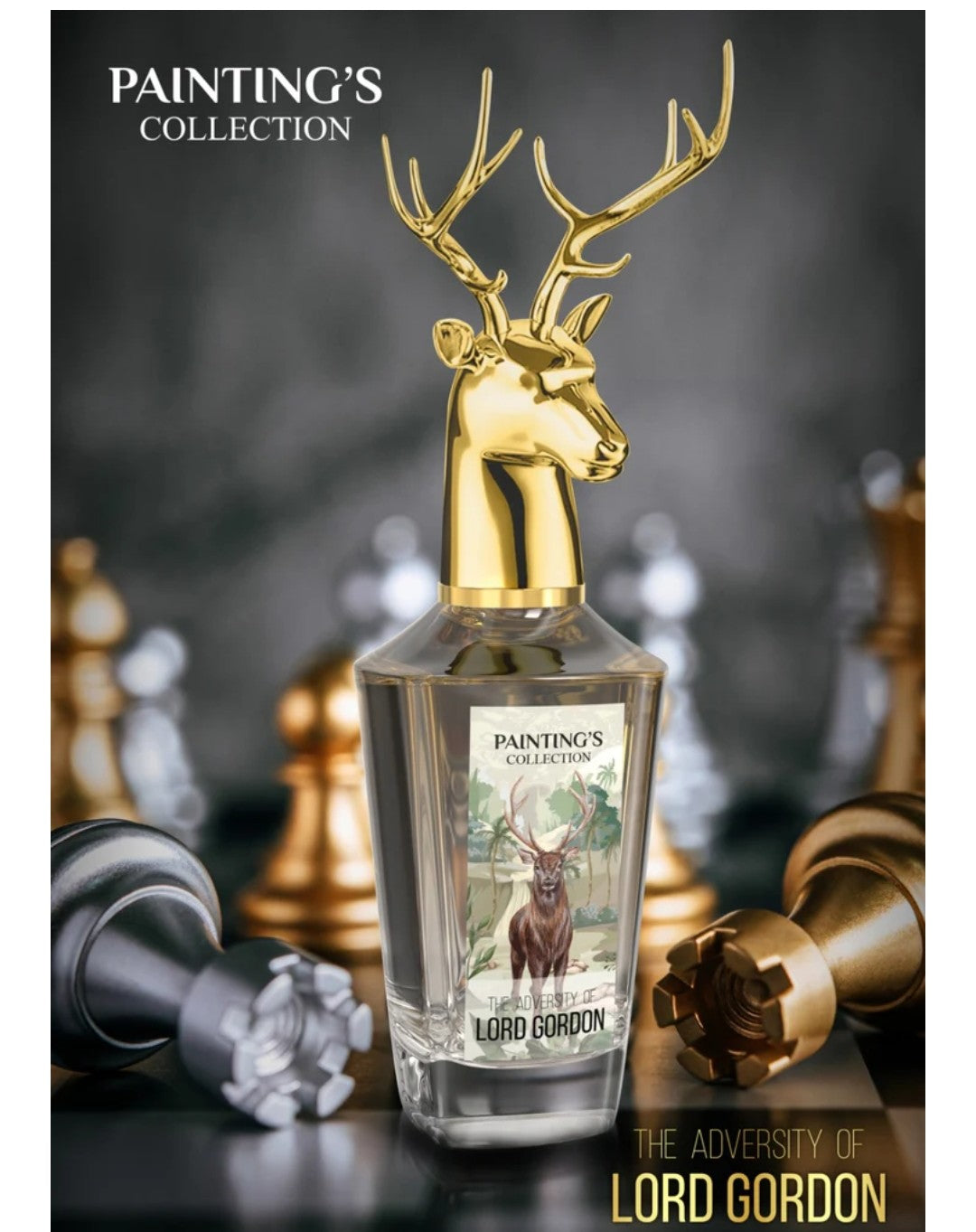 Bottle with gold deer head design and 'Painting's Collection' branding on a dark background.