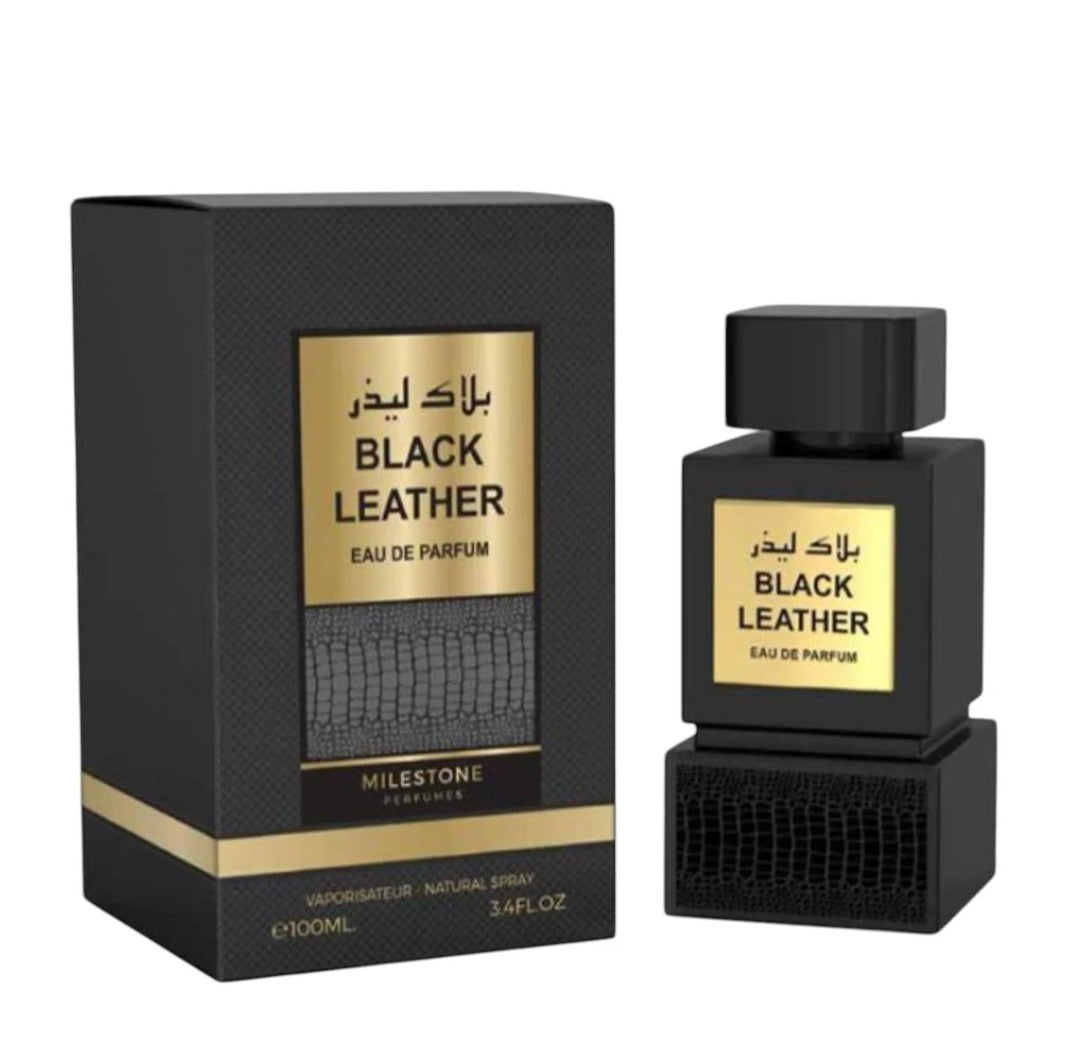 Milestone Black Leather 100ml perfume bottle and box in black and gold design