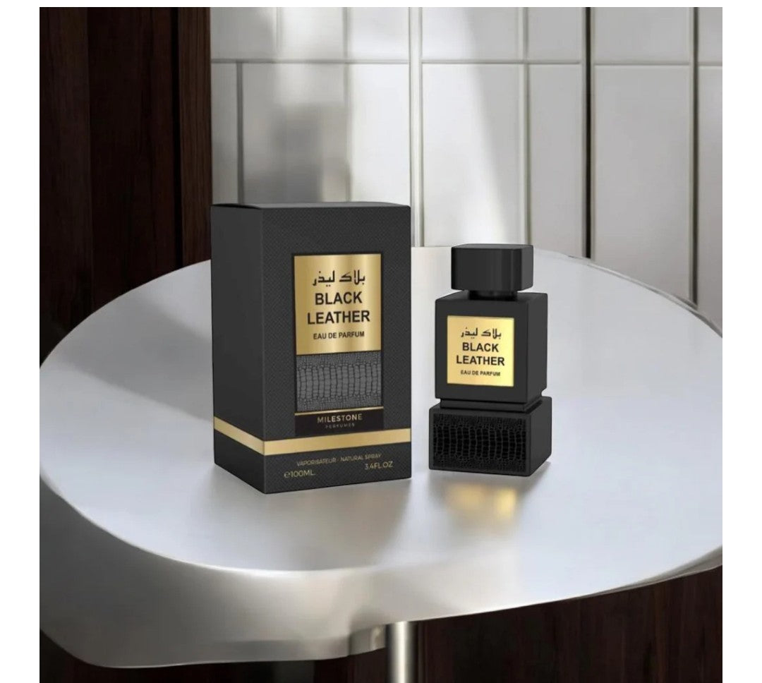 Luxury Milestone Black Leather perfume displayed on table with elegant design