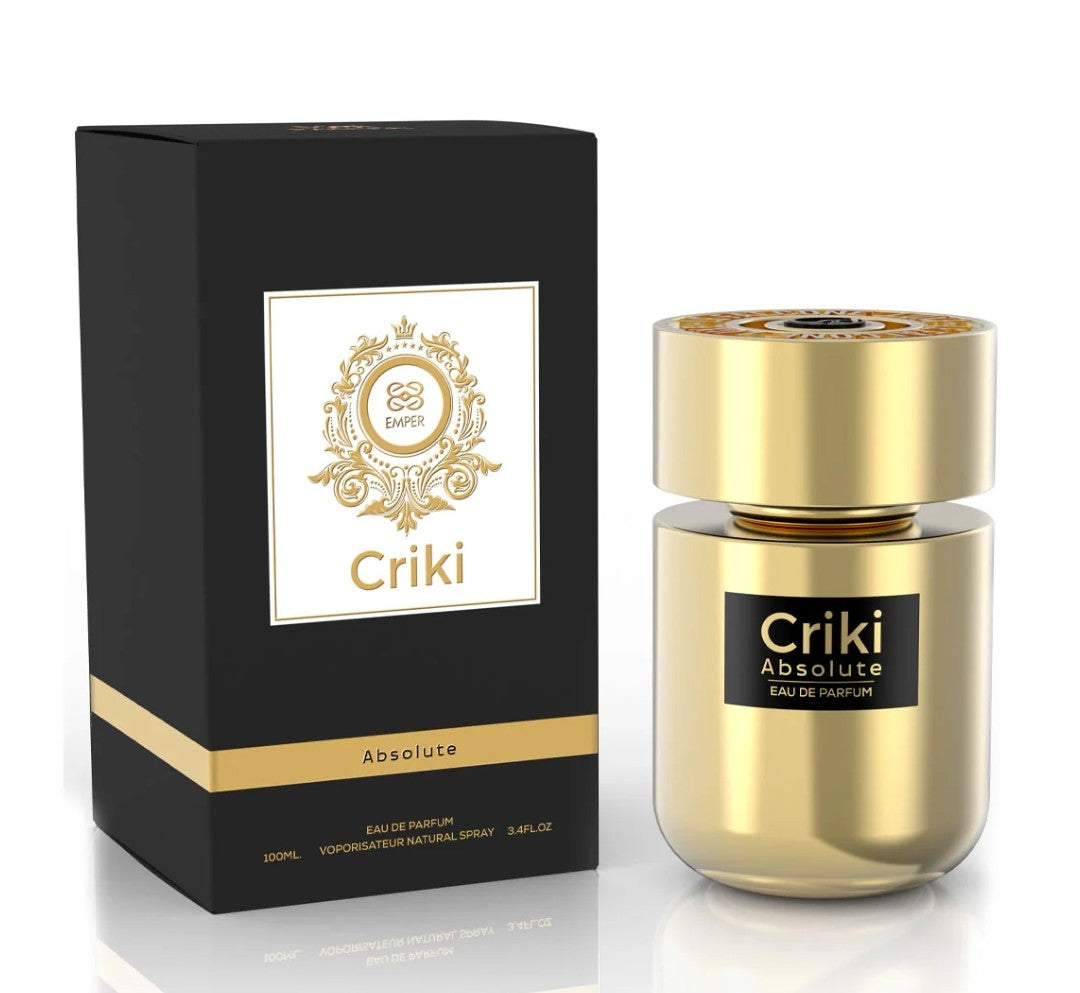 Gold perfume bottle and black box with 'Criki' branding on a white background