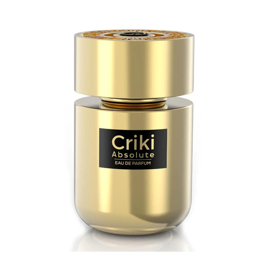 Gold perfume bottle labeled 'Criki Absolute Eau de Parfum' on a white background