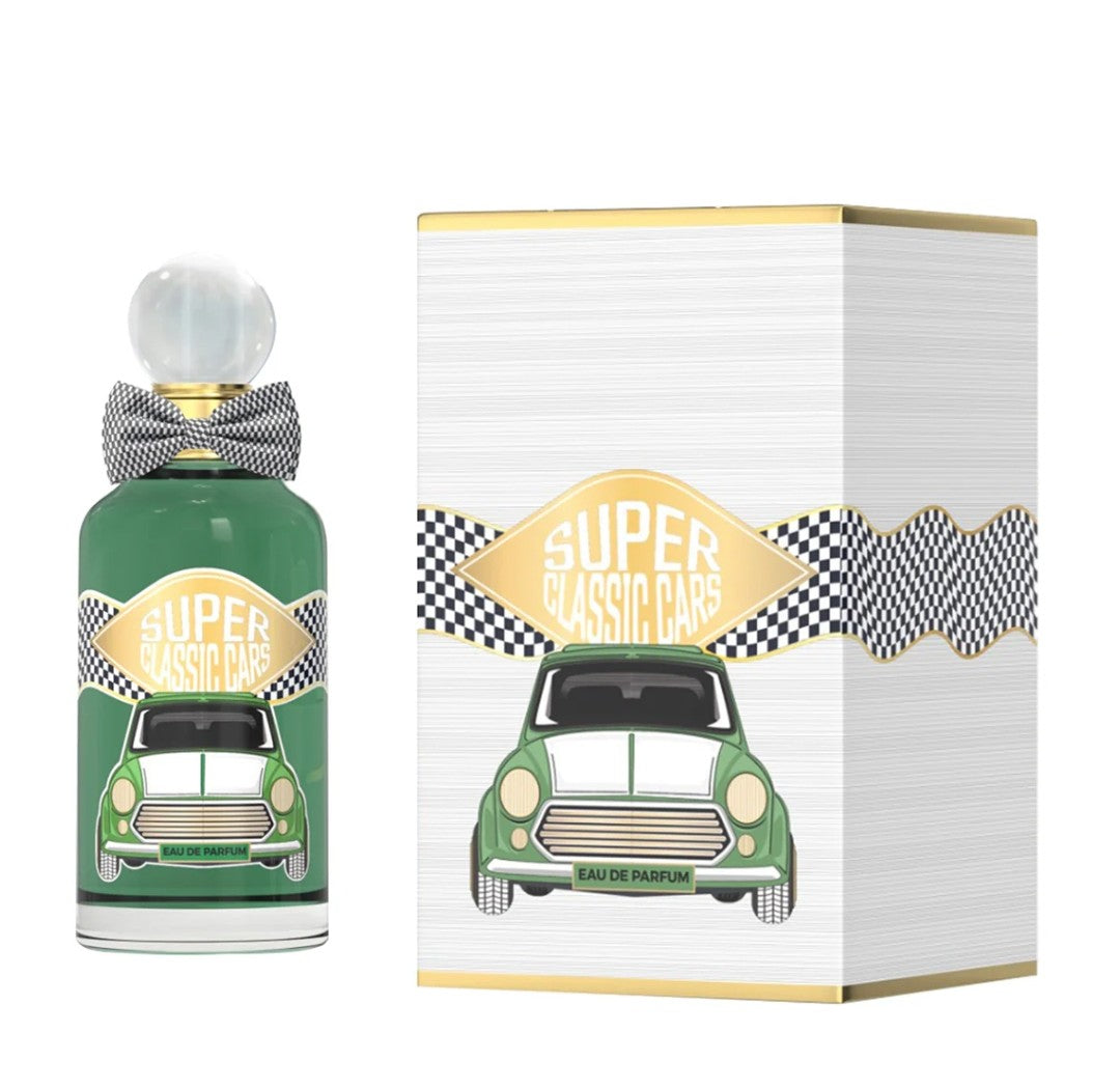 Green perfume bottle with car design and matching packaging on a white background