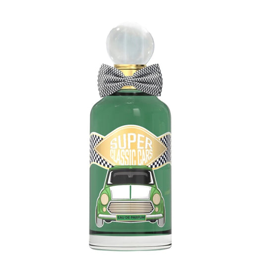 Perfume bottle with car design and 'Super' branding on a white background