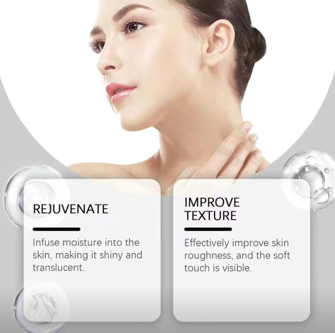 Woman's face with text on skin care benefits on a white background