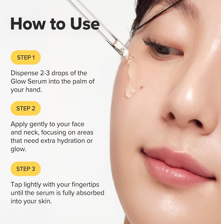 Cosmetic serum application guide with a close-up of a woman's face.