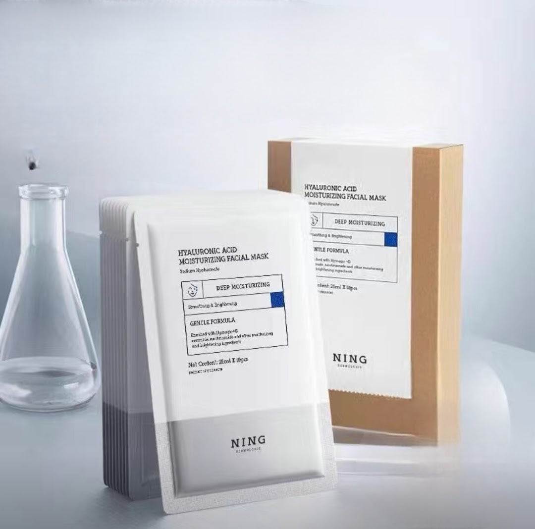 "NING Hyaluronic Acid Sheet Mask and Essence Bottle – Ultra-hydrating skincare for all skin types"
