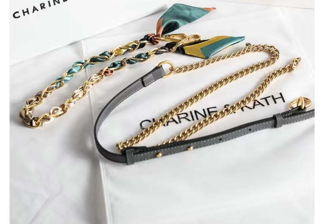 Gold chain and leather strap with silk scarf detail for grey crocodile-embossed handbag