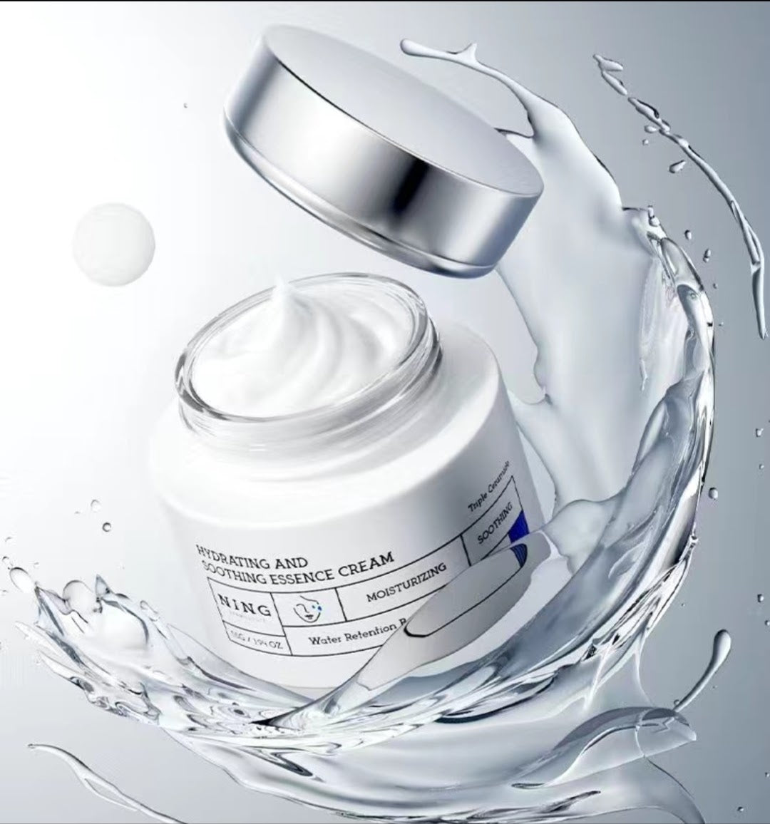 Hydrating & Soothing Essence Cream jar with water splash background, emphasizing deep hydration benefits
