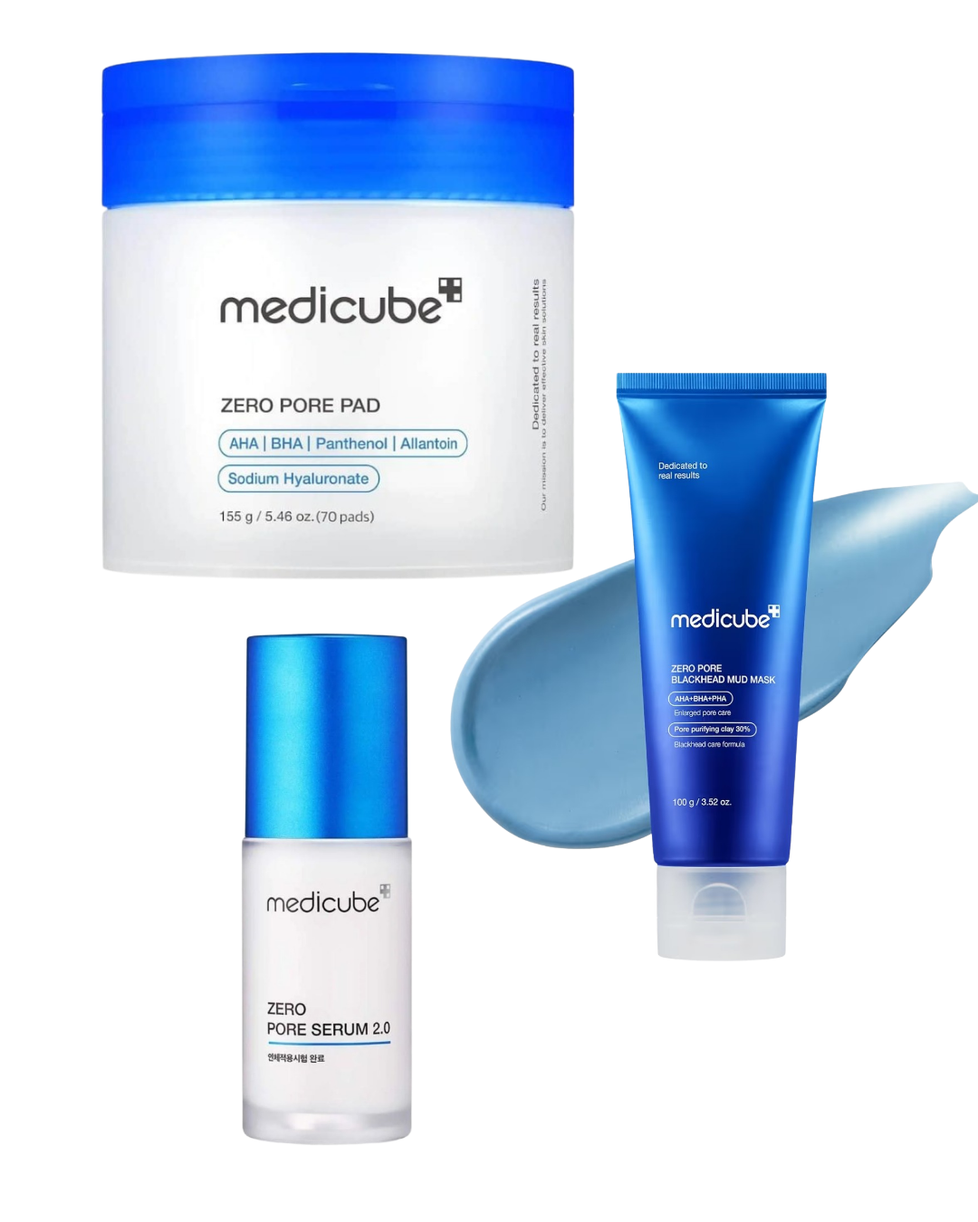 Medicube skincare products including a jar, serum, and cream on a white background