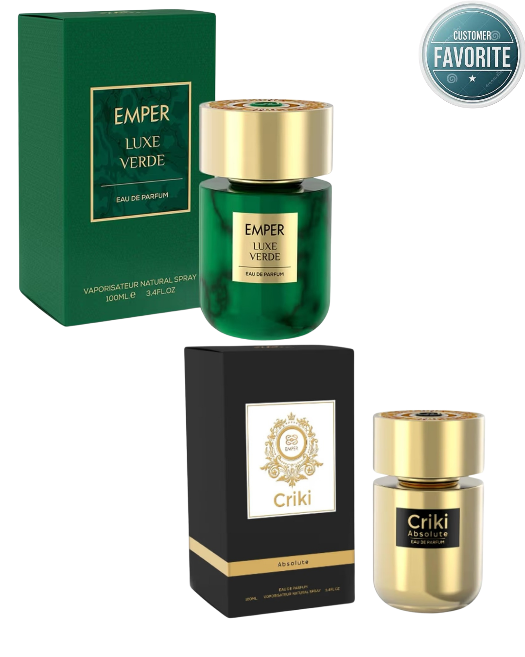 Luxury fragrance duo featuring Emper Luxe Verde and Criki Absolute Eau de Parfum bottles with customer favorite badge
