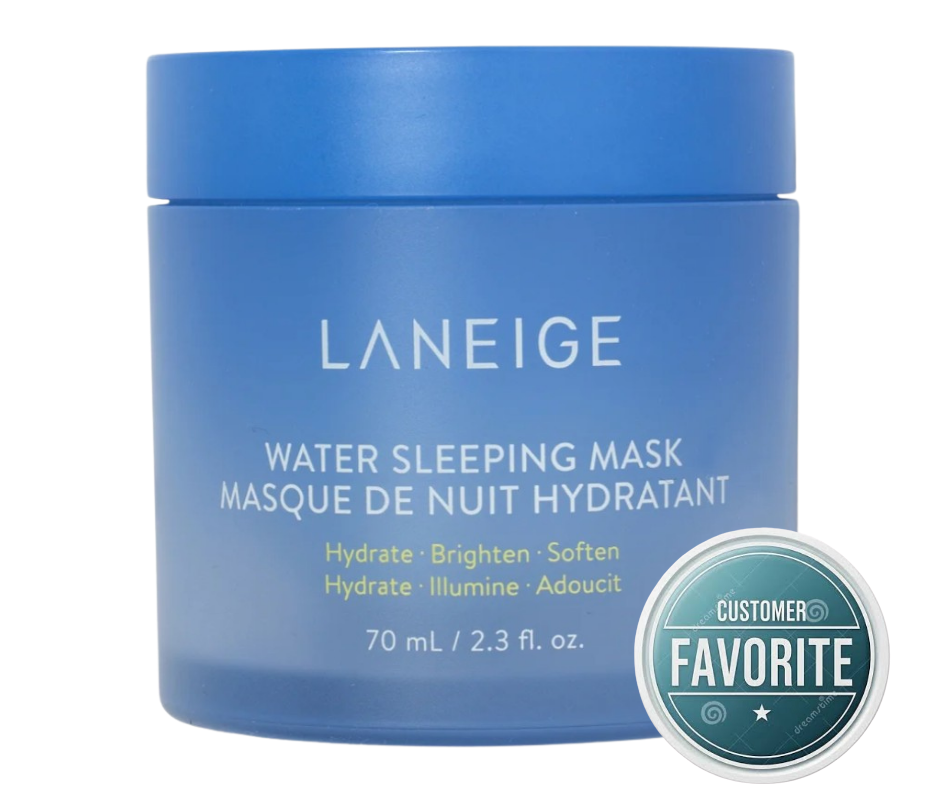 Blue jar of Laneige Water Sleeping Mask with a 'Customer Favorite' badge on a white background