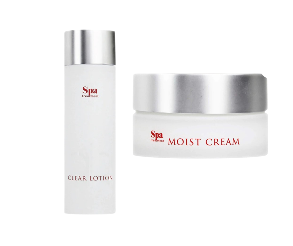 Two skincare products, 'Clear Lotion' and 'Moist Cream', from a brand named 'Spa'.