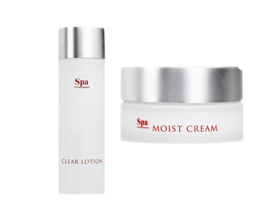 Two skincare products, 'Clear Lotion' and 'Moist Cream', from a brand named 'Spa'.