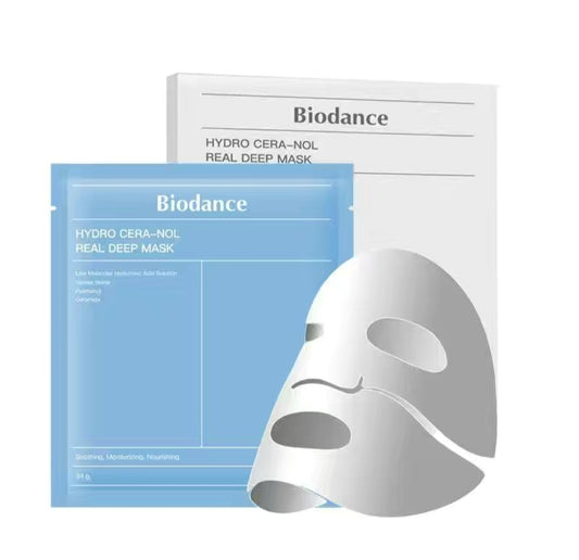 Biodance Hydro Cera-nol Real Deep Mask – Korean hydrating sheet mask with packaging and mask illustration, ideal for dry and sensitive skin.
