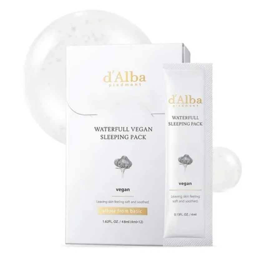 "d'Alba Waterfull Vegan Sleeping Pack – 12 x 4ml hydrating and soothing overnight gel for all skin types"
