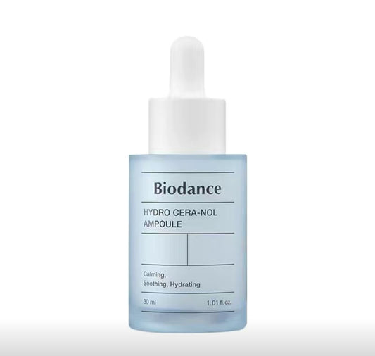Biodance Hydro Cera-Nol Ampoule 30ml hydrating serum for sensitive skin in a blue dropper bottle, ideal for soothing and moisturizing dry skin.