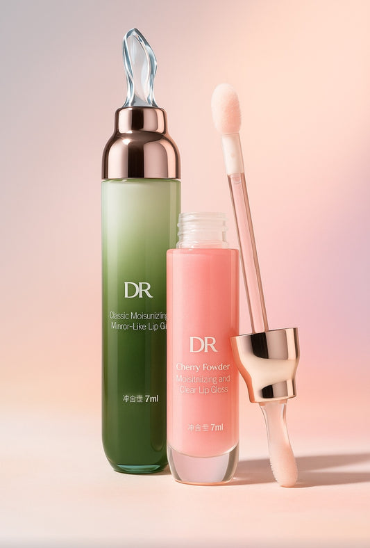 DR lip gloss duo – moisturizing cherry and mirror gloss bottles on pastel background