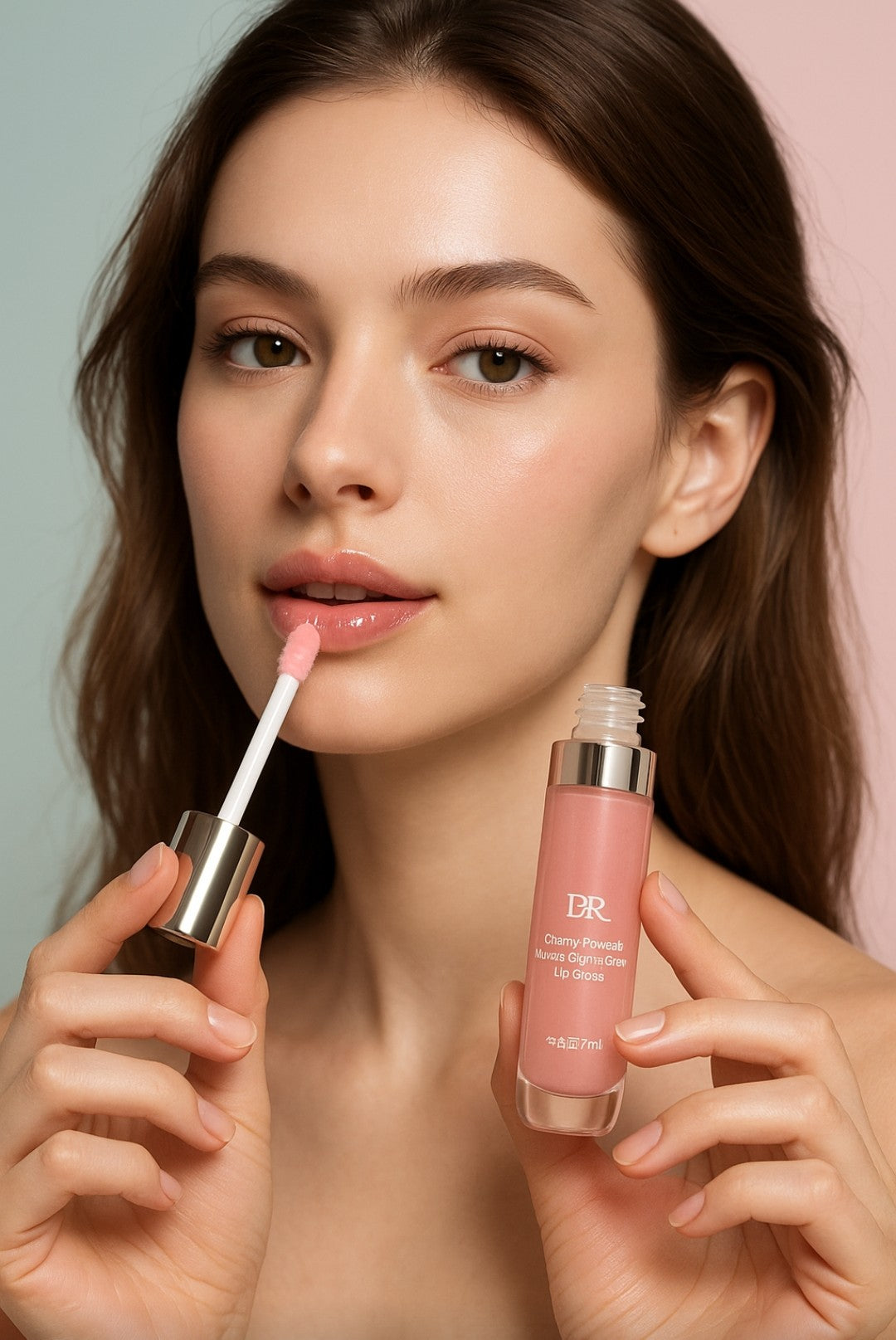 Model showing DR Cherry Powder Lip Gloss for natural pH-adaptive tint