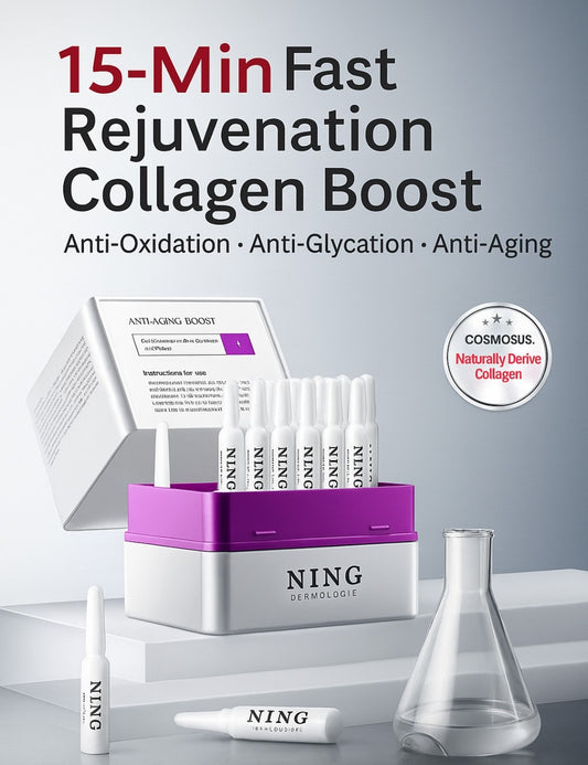 NING Dermatology Collagen Ampoules – Anti‑Aging & Hydration serum set with 7-day supply in sleek white and purple packaging, ideal for wrinkle treatment and skin brightening.