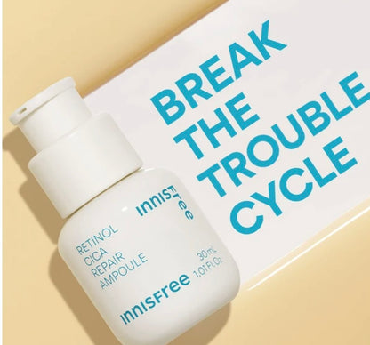 Innisfree Retinol Cica Repair Ampoule serum in skincare routine flat lay