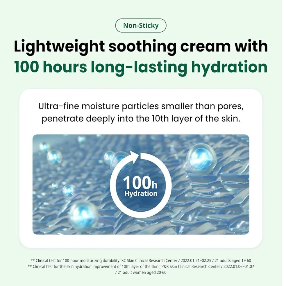 Advertisement for a lightweight soothing cream with 100-hour hydration on a light green background.