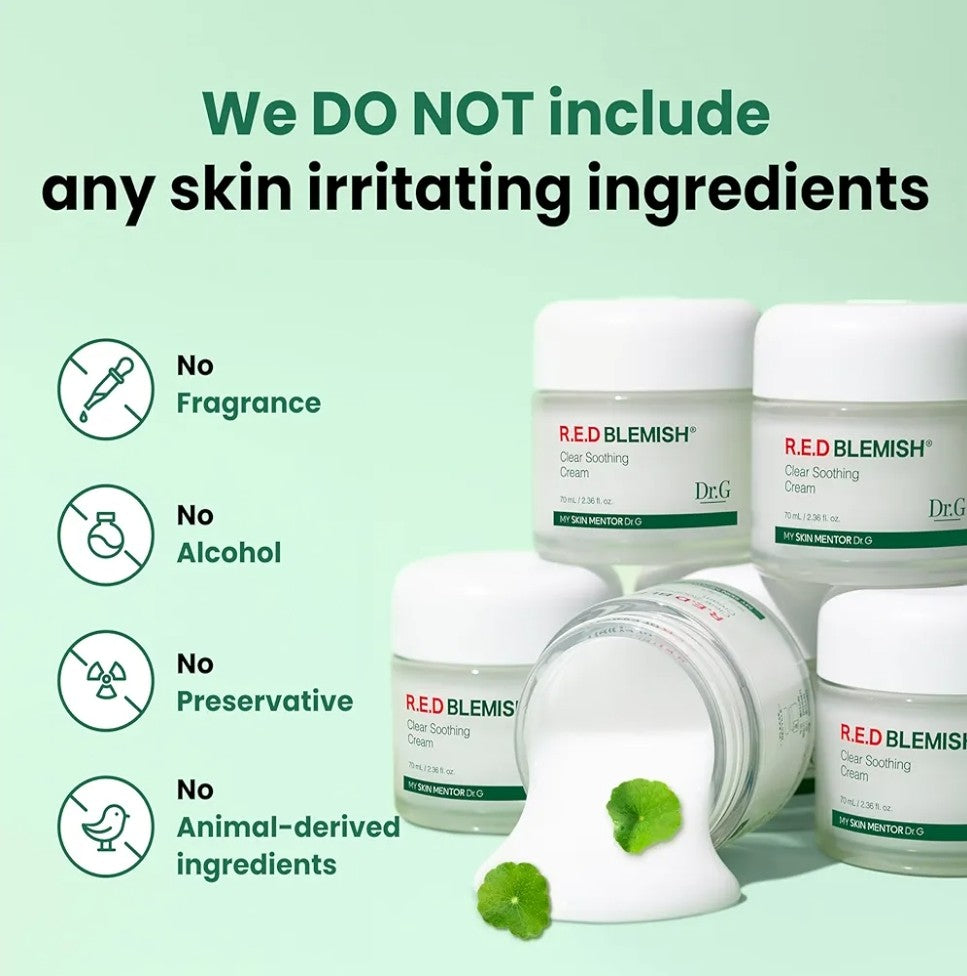 Jars of 'RED BLEMISH' cream with green background and text about ingredient inclusion.