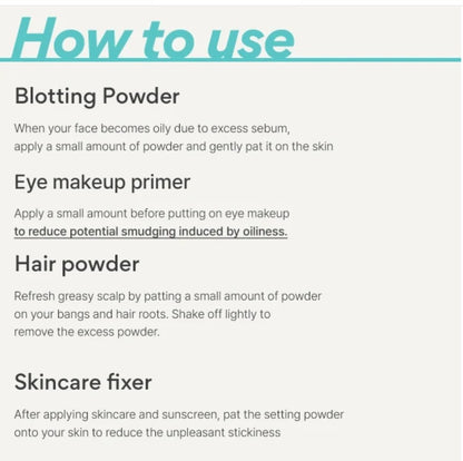 Instructions on how to use blotting powder, eye makeup primer, hair powder, and skincare fixer on a white background.