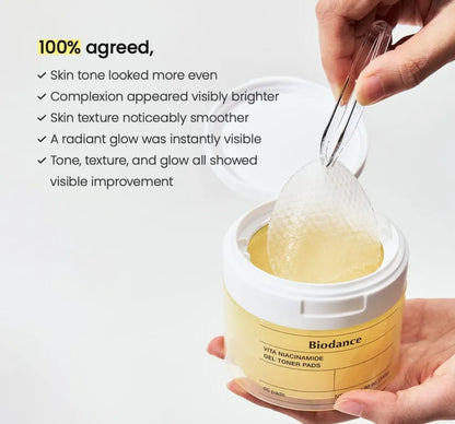 Biodance Vita-Minamide Gel Toner Pads with a hand holding a spoonful of product, against a white background.