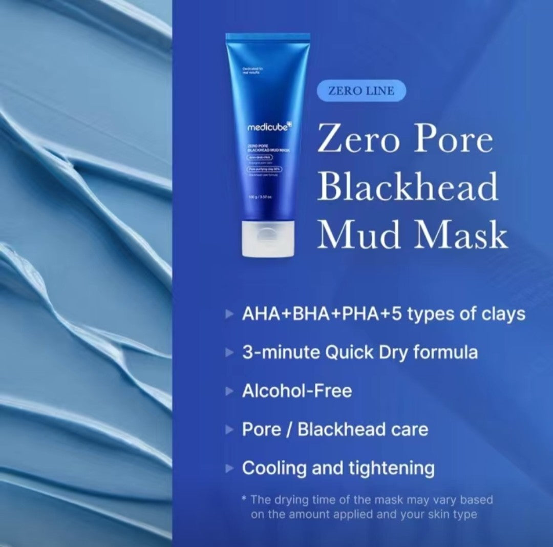 MediCube Zero Pore Blackhead Mud Mask packaging with blue background and product details.