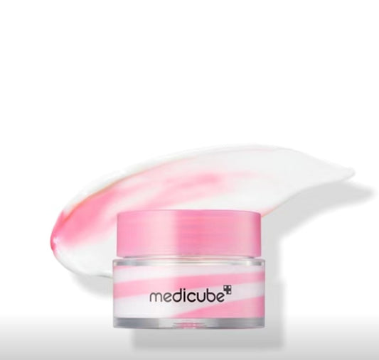 Pink and white jar with 'medicube' branding on a light pink background