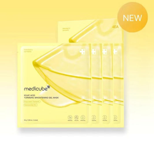 Packaging of Medicube KOJIC Acid Turmeric Brightening Gel Mask on a yellow background