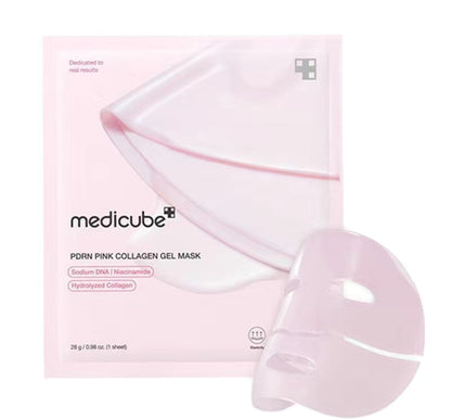 Pink collagen gel mask with packaging on a white background