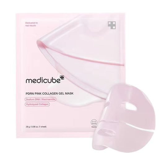 Pink collagen gel mask with packaging on a white background