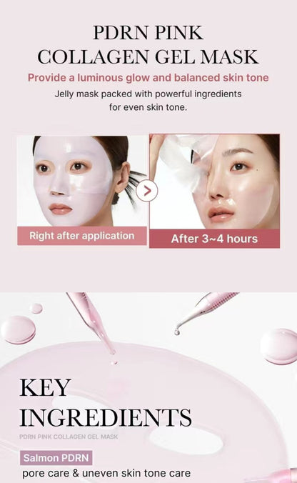 Advertisement for PDRN Pink Collagen Gel Mask showing before and after application on a woman's face.