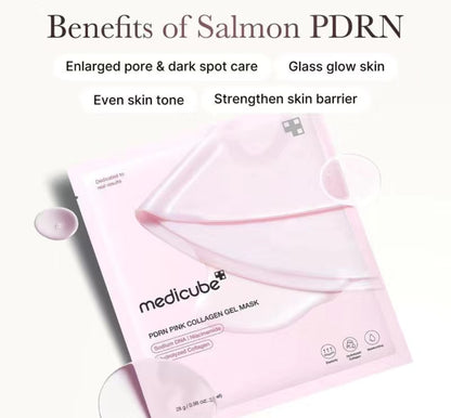Medicube PDRN Pink Collagen Gel Mask packaging with text on benefits on a white background