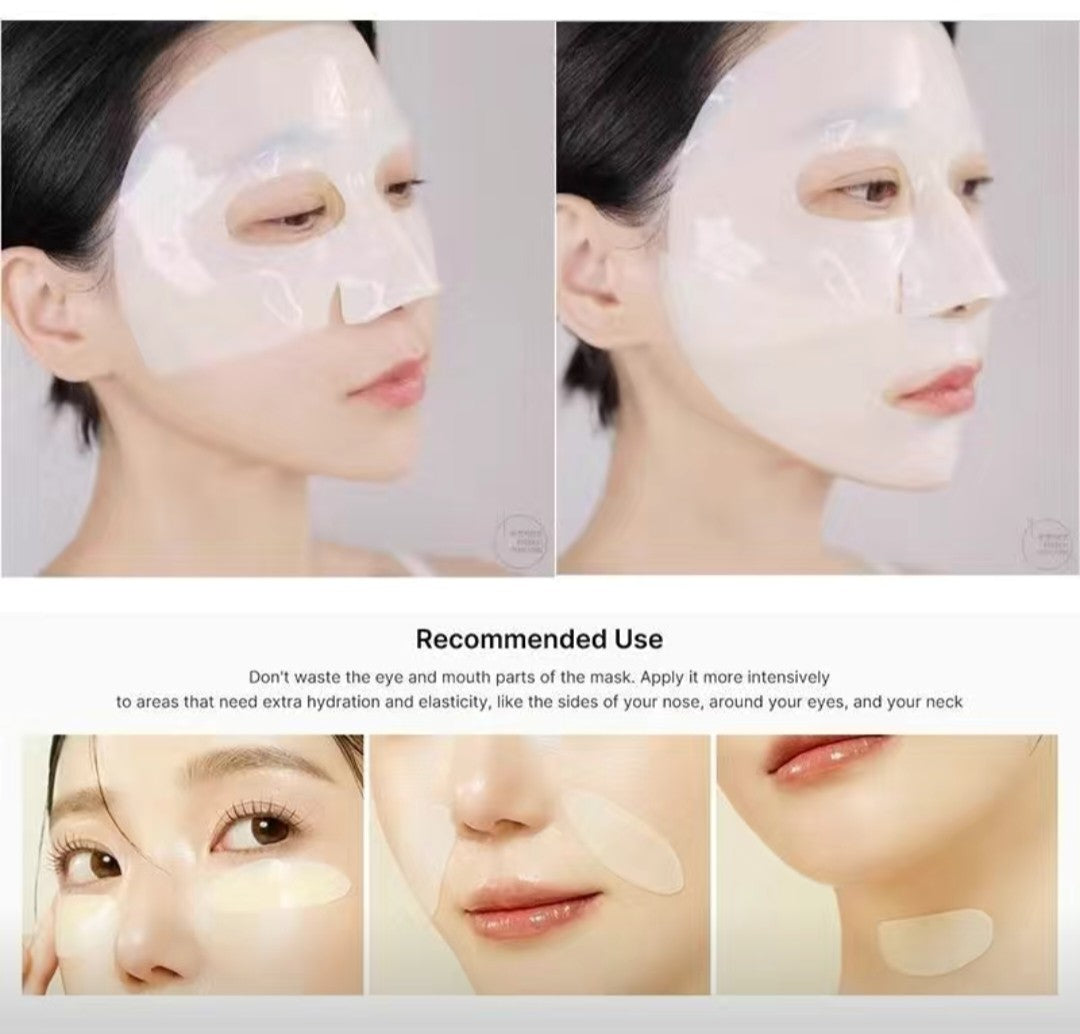 Instructions on applying a facial mask with close-up views of a woman's face.