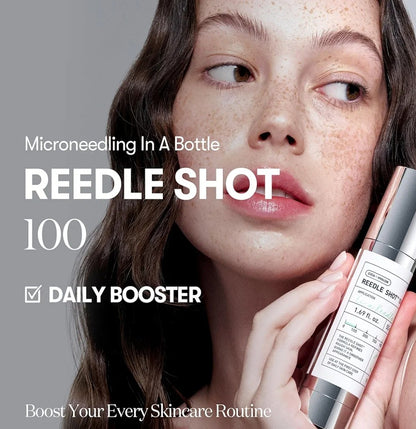 Woman holding a skincare product with text about REEDLE SHOT 100 and daily booster benefits.
