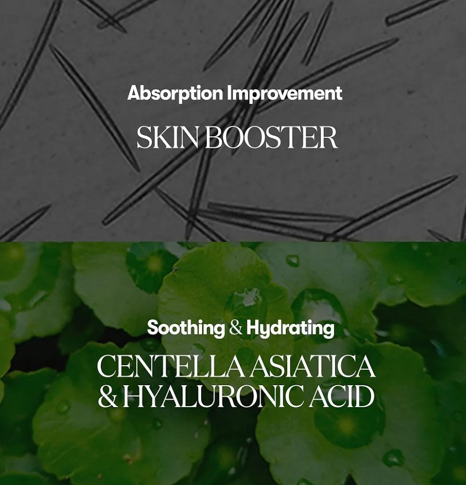 Product packaging for a skin booster with text about absorption improvement, soothing, hydrating, Centella Asiatica, and Hyaluronic Acid on a green and gray background.