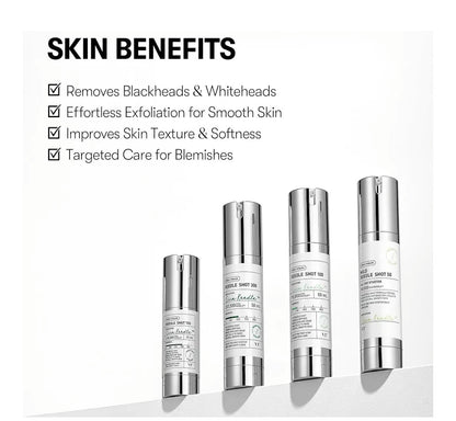 Skincare product bottles with skin benefits listed on a white background