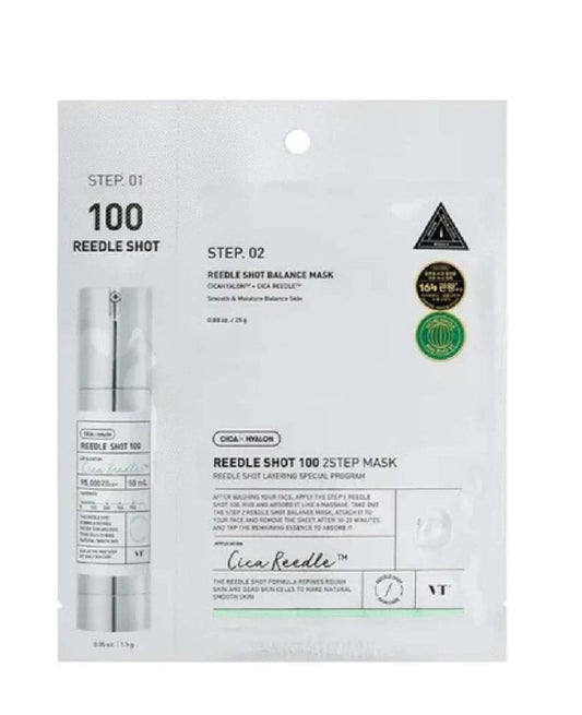Cica Reedeel Reedle Shot 100 2-step mask packaging with serum bottle on a white background