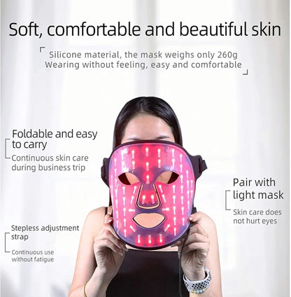 Person wearing a pink LED face mask with text highlighting its features on a white background