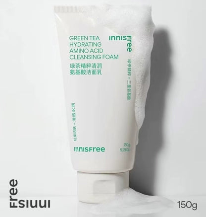 Innisfree Green Tea Hydrating Amino Acid Cleansing Foam tube on a light gray background