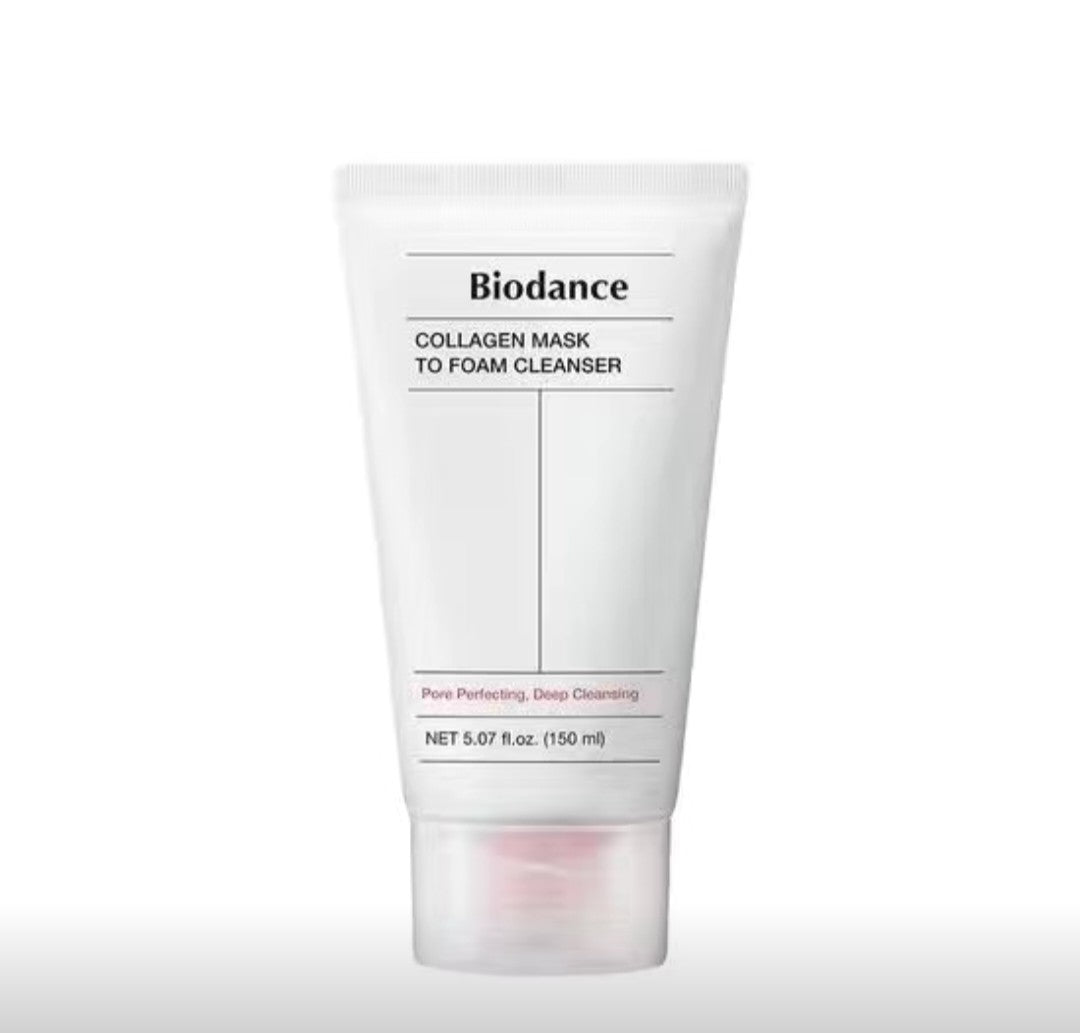 Biodance collagen mask to foam cleanser tube on a white background