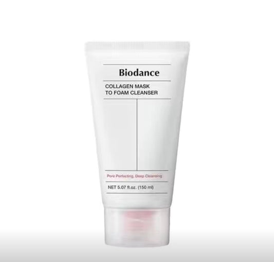 Biodance collagen mask to foam cleanser tube on a white background