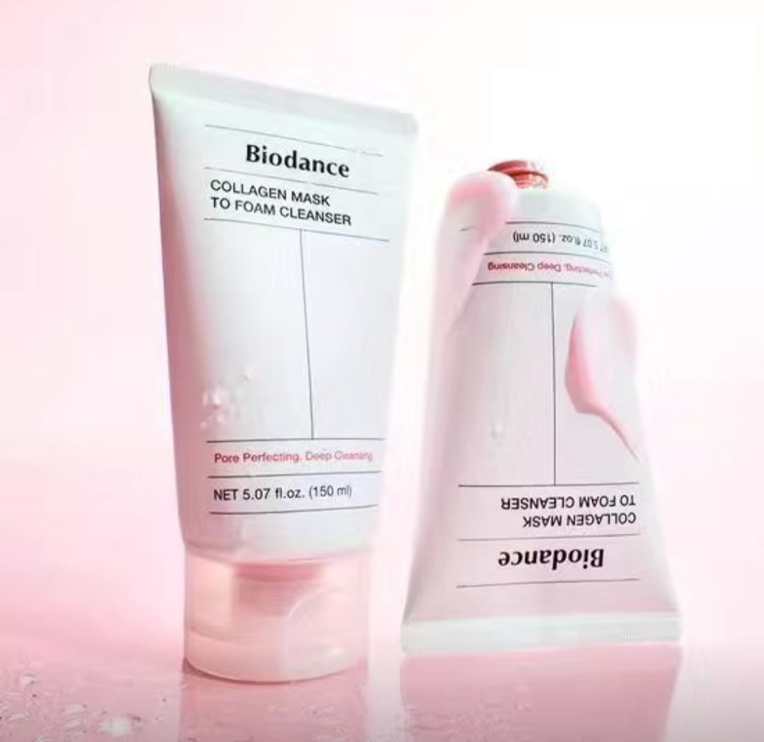 Two Biodance skincare products on a pink background
