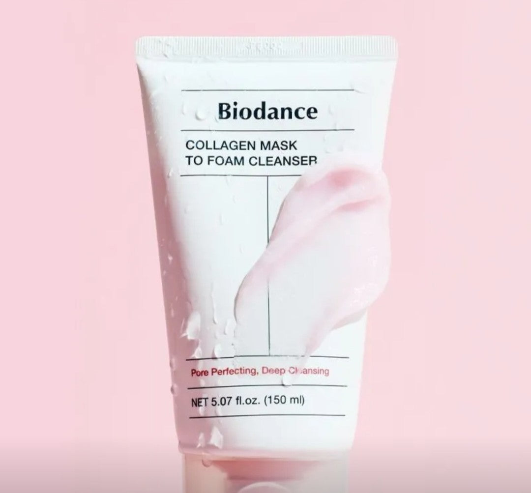 Biodance collagen mask to foam cleanser on a pink background