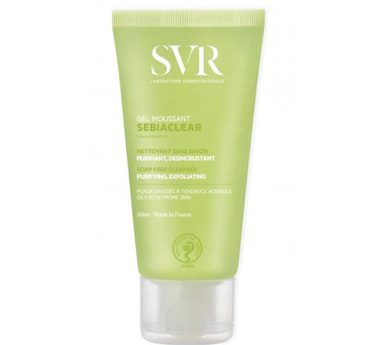 Green tube of SVR Sebiaclear gel on a white background