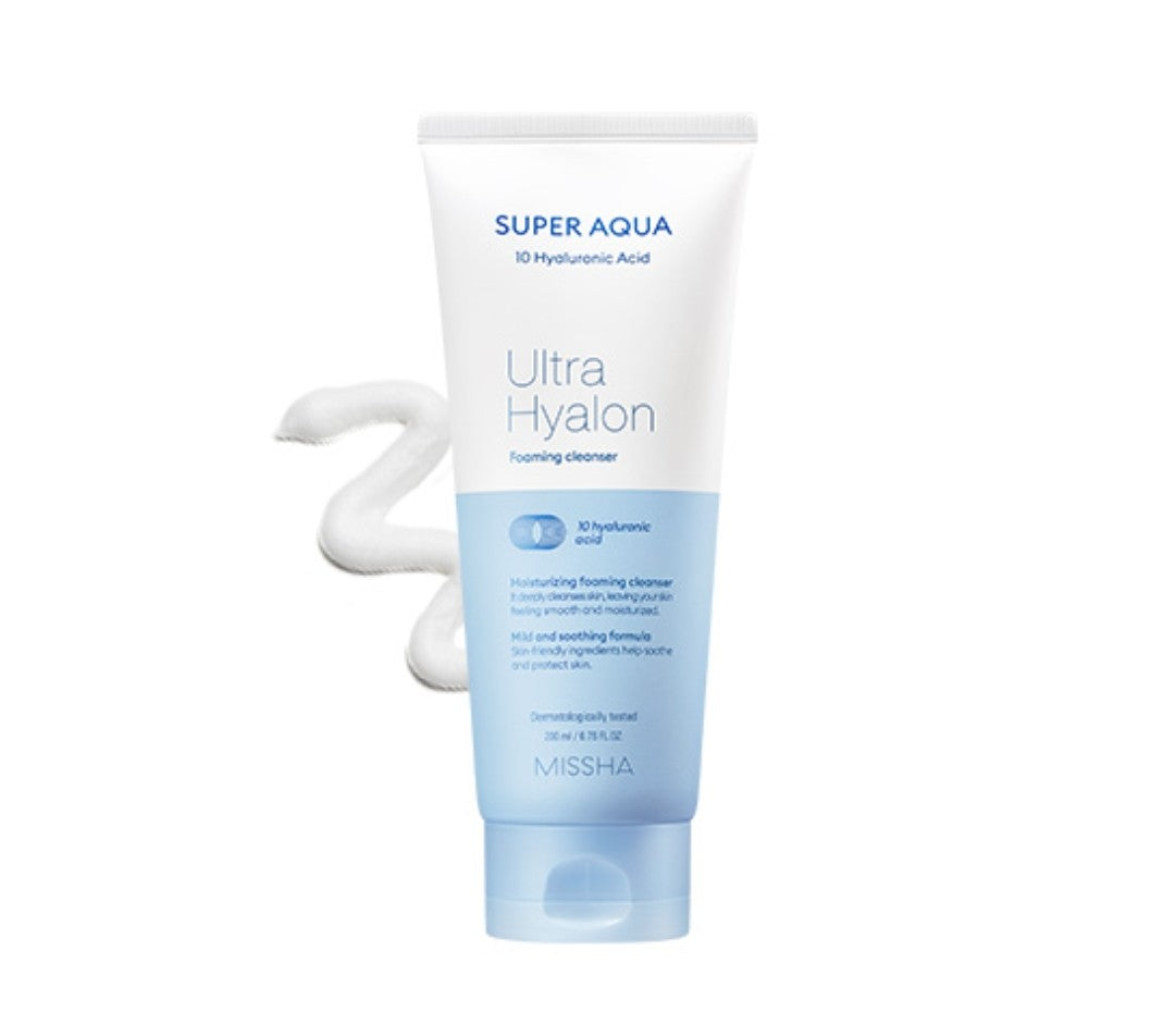 Tube of Super Aqua Ultra Hyalon Cleanser by Missha on a white background